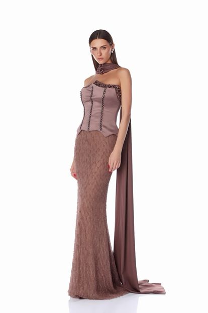 Braunes Satin Bustier Top Pailletten Meerjungfrau Abend Set
